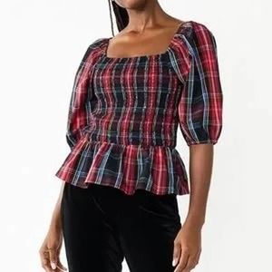 Draper James RSVP Tartan Plaid Smocked Top XXL Puff Sleeve Peplum Hem Black Red